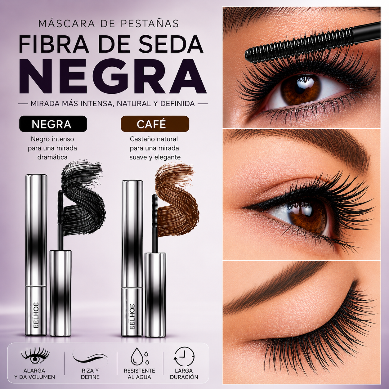 Máscara de pestañas con fibras de seda.