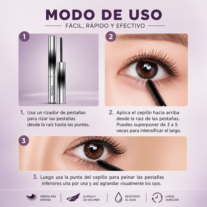 Máscara de pestañas con fibras de seda.